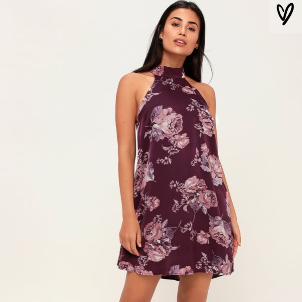 Camilla Purple Floral Print Mock Neck Swing Dress